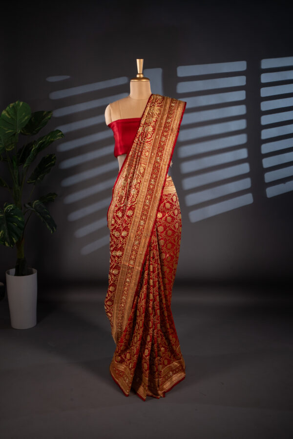 Red Banarsi Silk Dabka Work Hand Embroidered Bridal saree