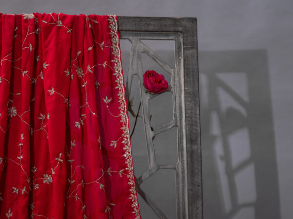 Red Hand embroidered Jarkan Crepe Saree